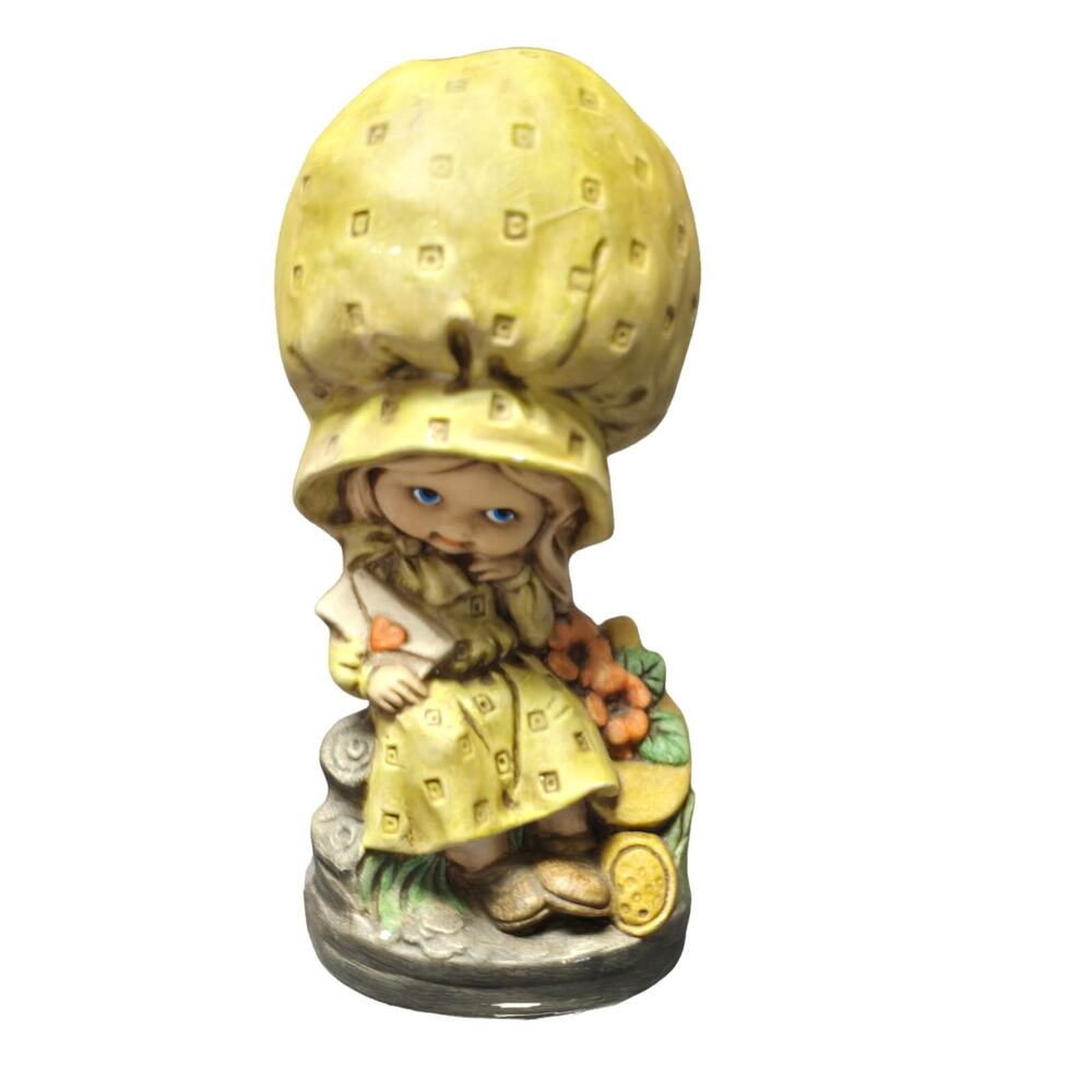 Vintage 70's Little Girl Statue Holding Love Letter w/ Big Bonnet Ceramic Figure